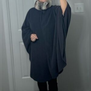 Elegant dark Taupe Fleece Cape Poncho with Faux Fur Collar.
